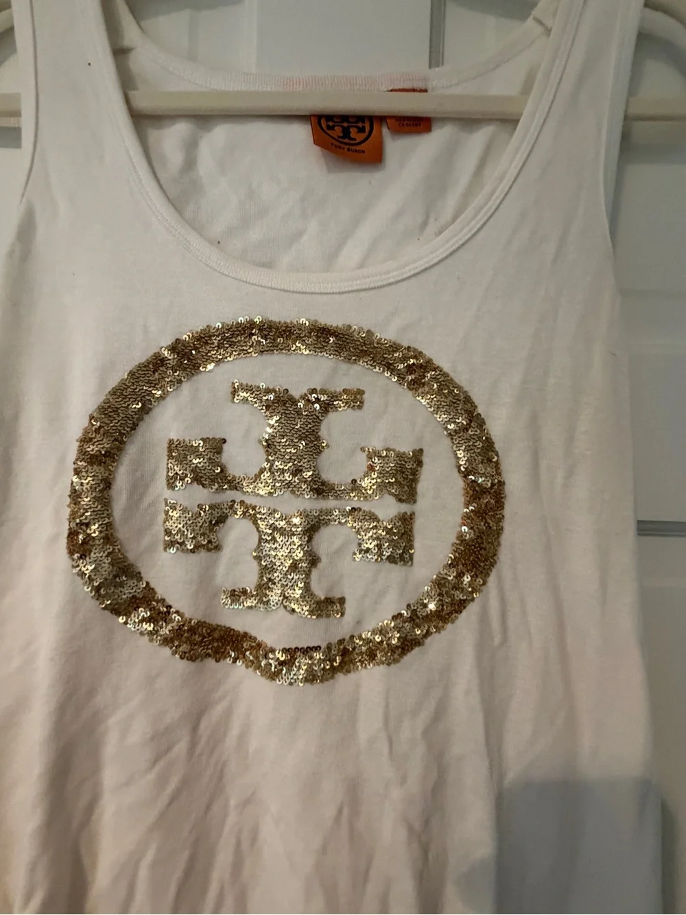 Tory Burch White Tank with Gold Sequin Emblem Xl crystals